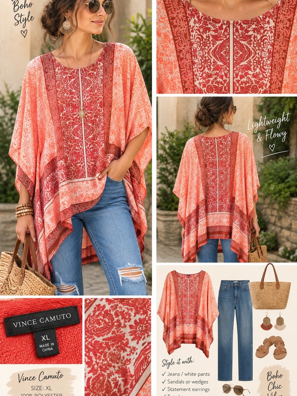 Vince Camuto XL Coral Burgundy Damask Print Kimono Poncho Top Boho